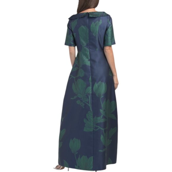 KAY UNGER Marine Blue Coco Three-quarter Sleeve Floral Mikado Gown - Picture 2 of 2